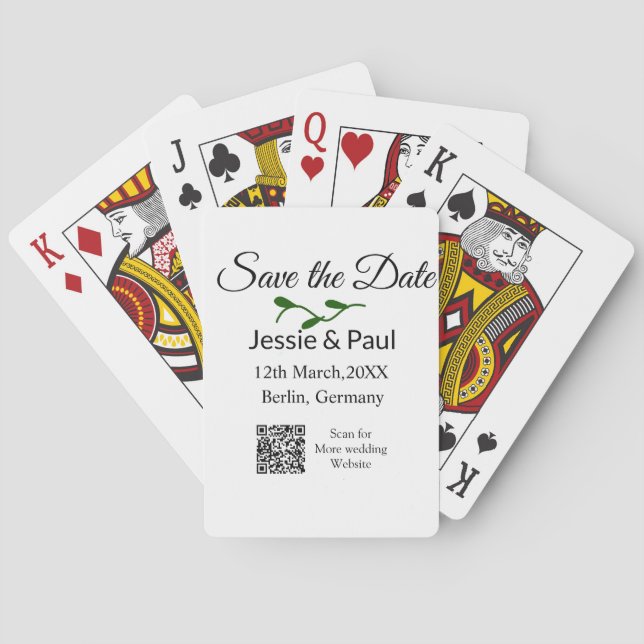 Save the date add couple name q r code date place  playing cards (Back)