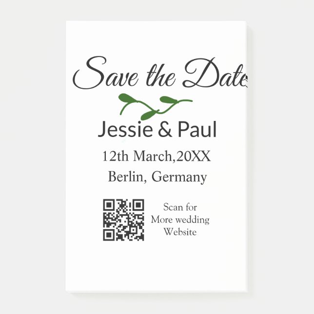 Save the date add couple name q r code date place  post-it notes (Front)