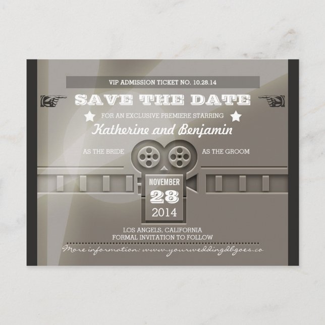 Save the date admission movie ticket postcards (Front)