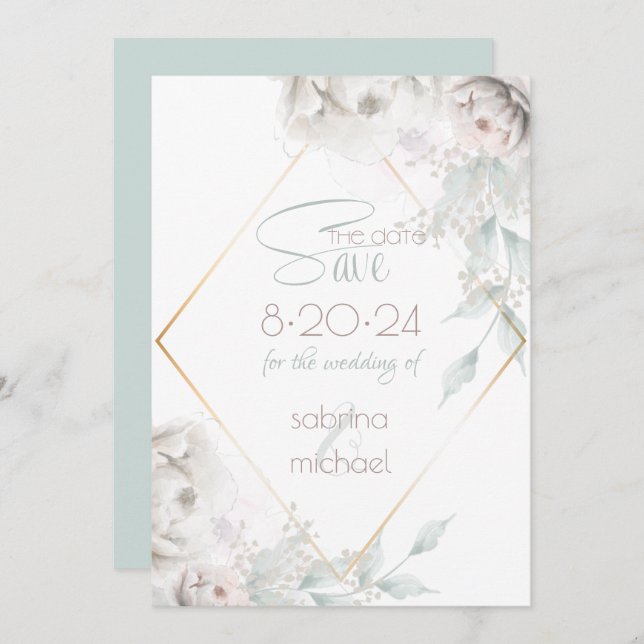 Save the Date | Alabaster White Watercolor Peonies (Front/Back)