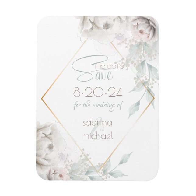 Save the Date | Alabaster White Watercolor Peonies Magnet (Vertical)