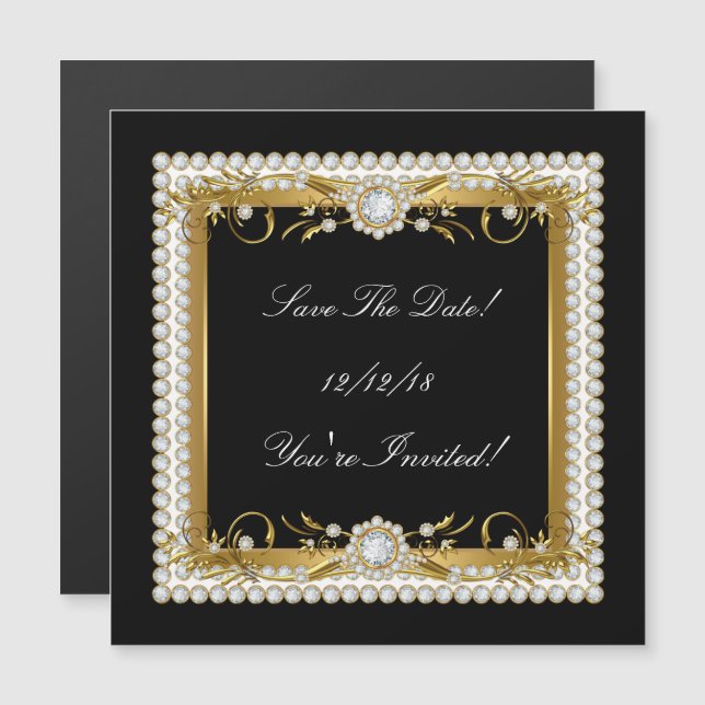 Save The Date All Occasions Diamond Trim Gold Magnetic Invitation (Front/Back)