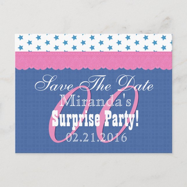 Save the Date Any Year Surprise Birthday Blue S10 Announcement Postcard (Front)