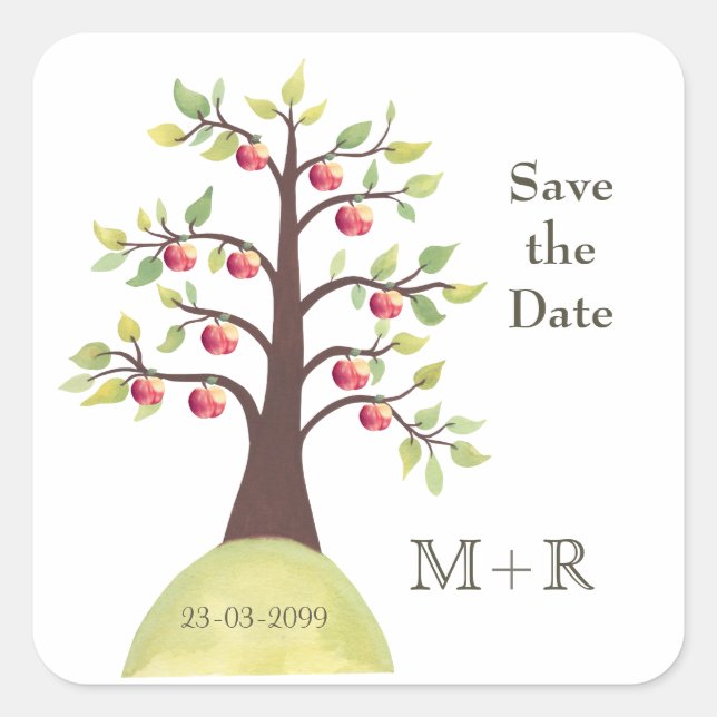 Save the Date Apple Tree Monogram Square Sticker (Front)