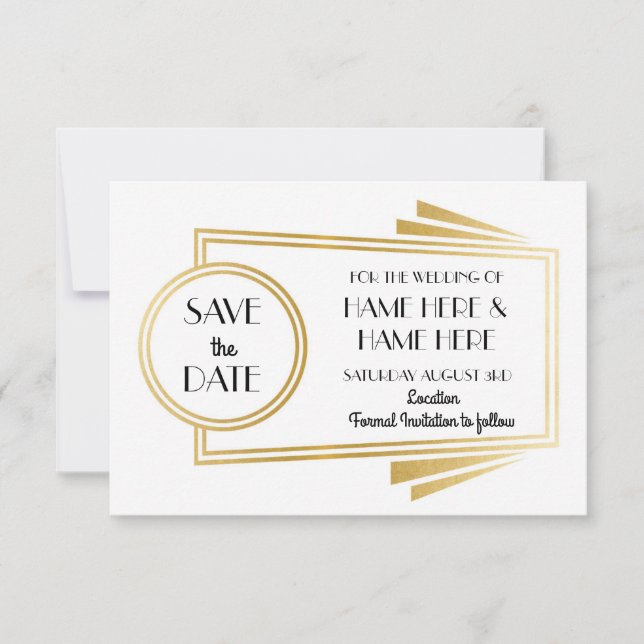 Save The Date Art Deco Wedding Party Gold Invites (Front)