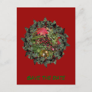 Save The Date Balls Beads Wreath Holiday Announcement Postcard