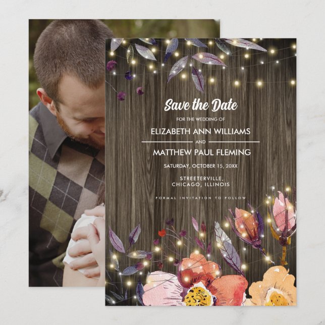 Save the Date. Barn Wood Autumn Flowers Photo Card (Front/Back)