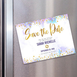 Save the Date Bat Mitzvah Gold Purple Watercolor Magnetic Invitation