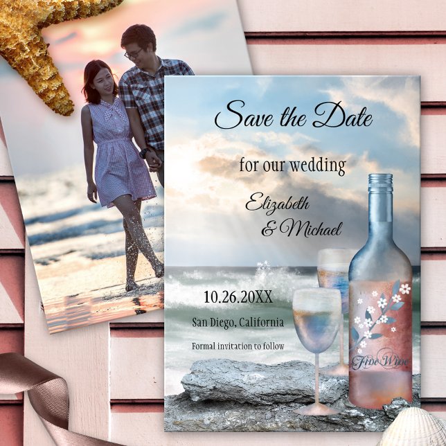 Save the Date Beach Custom Photo Wedding Invite (Photo Save the Date invitation with a painting of a wine bottle with two glasses at the beach)