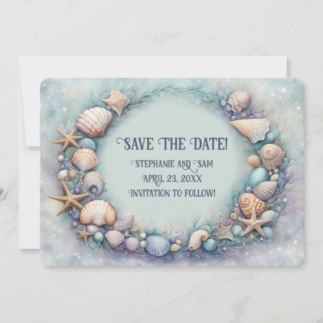 Save the Date Beach Seashells Wreath Invitation (Front)