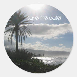 Save the Date Beach Wedding Stickers Palm Tree