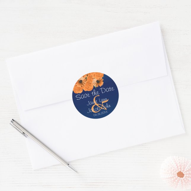 Save the Date -Beautiful Orange Rose and Navy Blue Classic Round Sticker (Envelope)