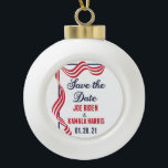 Save the Date Biden Harris Inauguration Ceramic Ball Christmas Ornament<br><div class="desc">Save the Date for the 46th presidential inauguration in America. Joe Biden and Kamala Harris will tie the knot with our country on January 21, 2021 at the White House in Washington, D.C. Order this funny commemorative Christmas ornament for your inaugural ball or democrat party. Beautiful American flag design in...</div>
