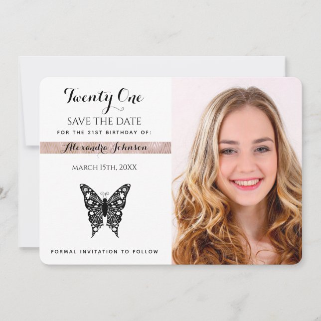 Save The Date Birthday Black White Butterfly Photo (Front)