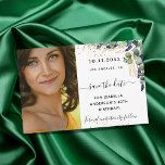 Save the date birthday eucalyptus greenery photo<br><div class="desc">A modern and elegant photo Save the Date card. A chic white background decorated with eucalyptus greenery and golden sparkles.  Personalise and add your photo,  and details.</div>