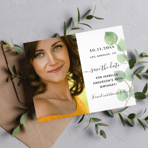 Save the date birthday eucalyptus photo budget flyer