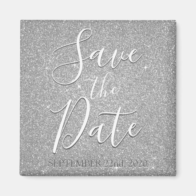 Save the Date Birthday Silver Glitter Sparkle Magnet (Front)