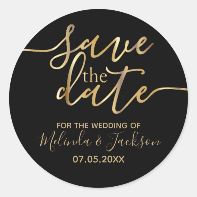 Save the Date -Black and Gold Classic Round Sticker (Front)