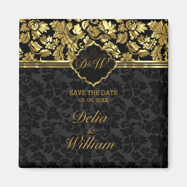 Save The Date- Black And Gold Damask Magnet (Front)