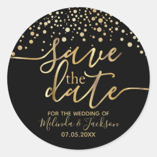 Save the Date   Black and Gold Dot Classic Round Sticker