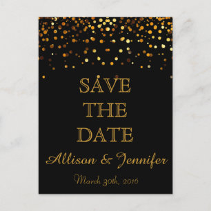 Save the date Black and Gold Glitter Faux Foil Announcement Postcard