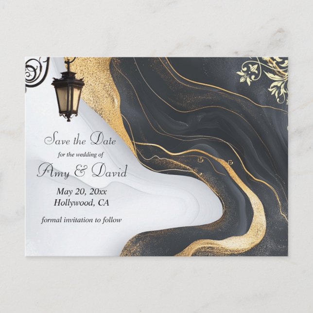 Save the date black and gold wedding announcement  postcard (Front)