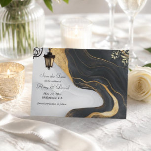 Save the date black and gold wedding announcement  postcard
