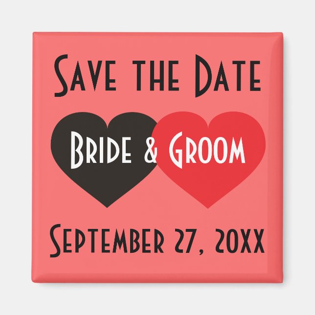 Save the date black and red hearts magnet (Front)
