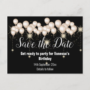 Save the Date Black Balloons Sparkle All Occassion Announcement Postcard