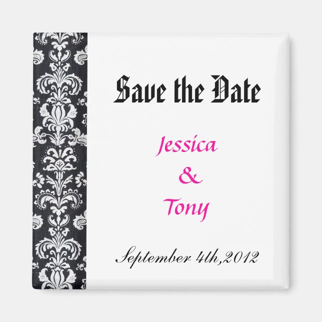 save the date, black damask magnet (Front)