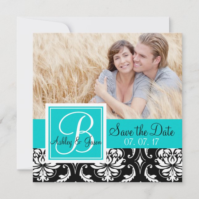 Save the Date Black Damask Monogram Names Teal (Front)