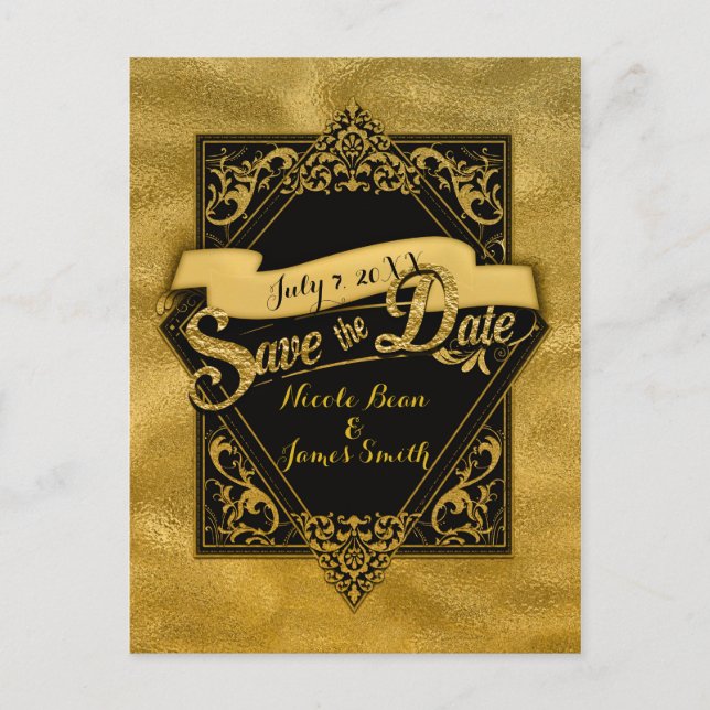 Save The Date Black & Faux Gold Elegant Engagement Postcard (Front)