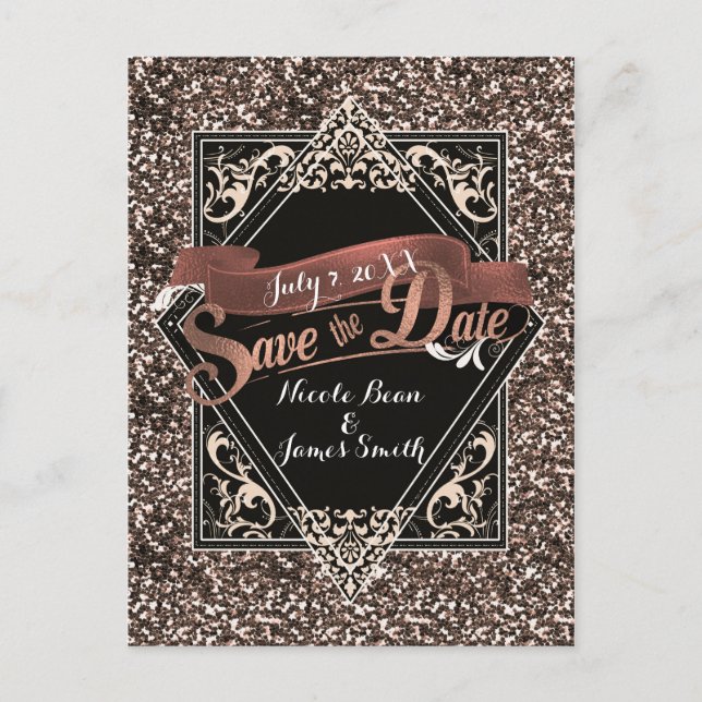 Save The Date Black & Faux Gold Glitter Engagement Postcard (Front)