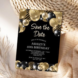 Save the Date Black Gold 40th Birthday Invitation
