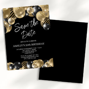 Save the Date Black Gold 50th Birthday Invitation