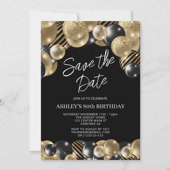 Save the Date Black Gold 80th Birthday Invitation (Front)