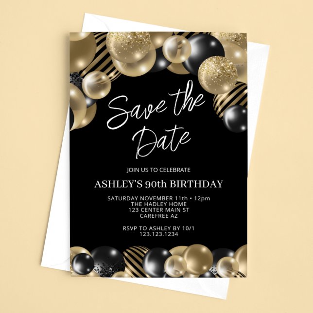 Save the Date Black Gold 90th Birthday Invitation (Creator Uploaded)