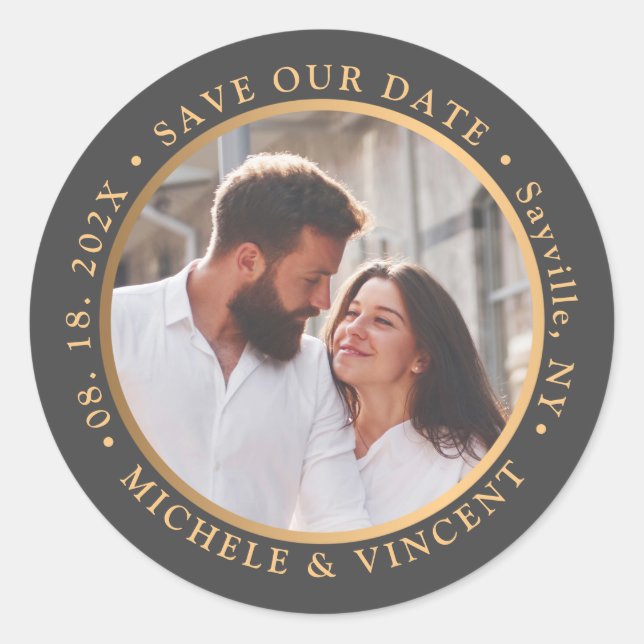 Save The Date Black Gold Photo  Classic Round Sticker (Front)