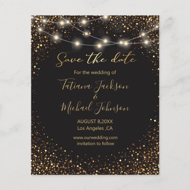 save the date black gold sparkles lights wedding  flyer (Front)