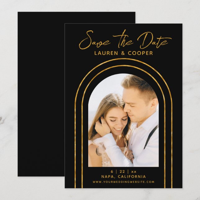 Save The Date Black Gold Stylish Art Deco Wedding (Front/Back)