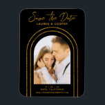 Save The Date Black Gold Stylish Art Deco Wedding Magnet<br><div class="desc">Save The Date Black Gold Stylish Script Art Deco Wedding Magnet features your favourite photo inside a golden arch on a black background. Personalise with your text by editing the text in the text boxes provided. Designed for you by ©Evco Studio www.zazzle.com/store/evcostudio</div>