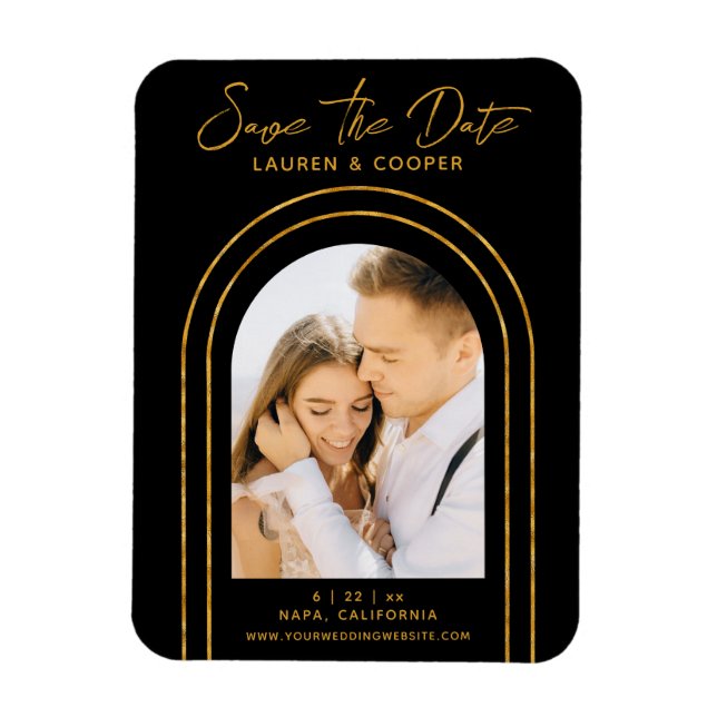 Save The Date Black Gold Stylish Art Deco Wedding Magnet (Vertical)