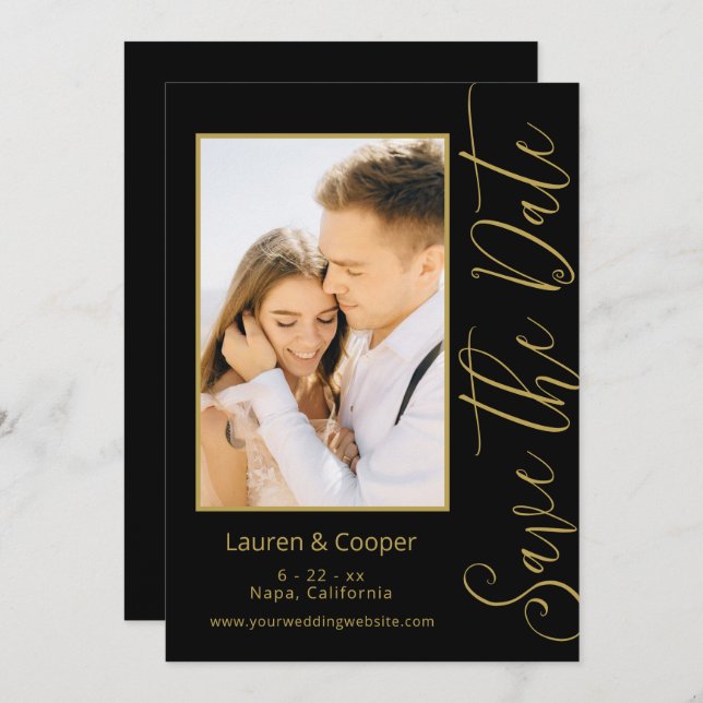 Save The Date Black Gold Stylish Modern Wedding (Front/Back)