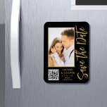 Save The Date Black Gold Stylish Modern Wedding Magnet<br><div class="desc">Save The Date Black Gold Stylish Script Modern Wedding Magnets features a black background with your custom photo. Personalise with your text by editing the text in the text boxes provided and add your website URL for your custom QR code. Designed for you by ©Evco Studio www.zazzle.com/store/evcostudio</div>