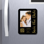 Save The Date Black Gold Stylish Modern Wedding Magnet<br><div class="desc">Save The Date Black Gold Stylish Script Modern Wedding Magnets features a black background with your custom photo. Personalise with your text by editing the text in the text boxes provided and add your website URL for your custom QR code. Designed for you by ©Evco Studio www.zazzle.com/store/evcostudio</div>