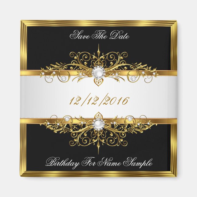 Save The Date Black Pearls White Gold Birthday Magnet (Front)