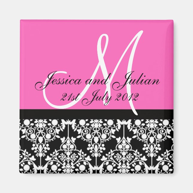 Save The Date Black/Pink Monogram Damask Trellis Magnet (Front)