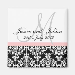 Save The Date Black/Pink Monogram Damask Trellis Magnet