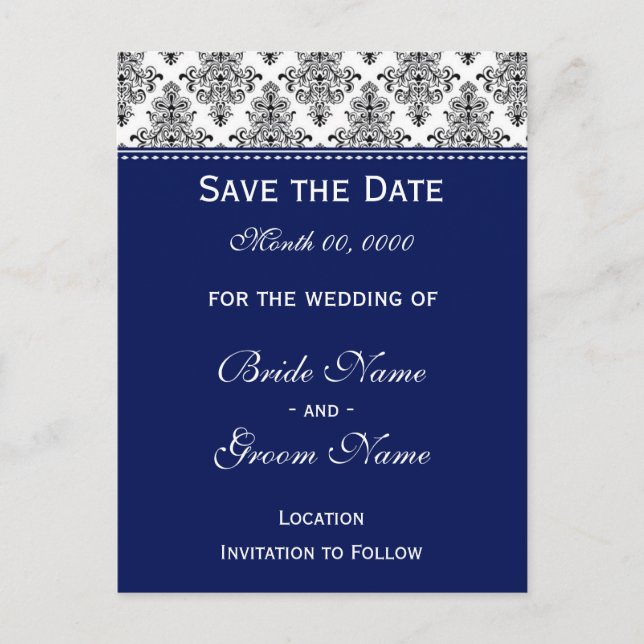 Save the Date - Black & White & Dark Blue Announcement Postcard (Front)