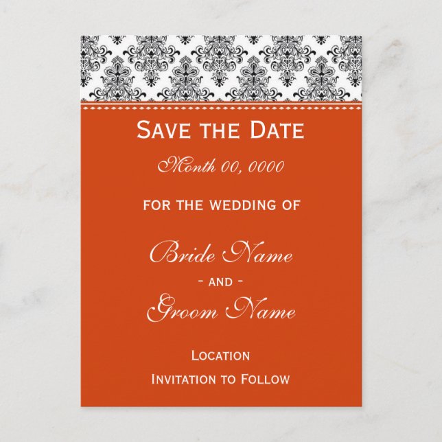 Save the Date - Black & White & Orange Announcement Postcard (Front)
